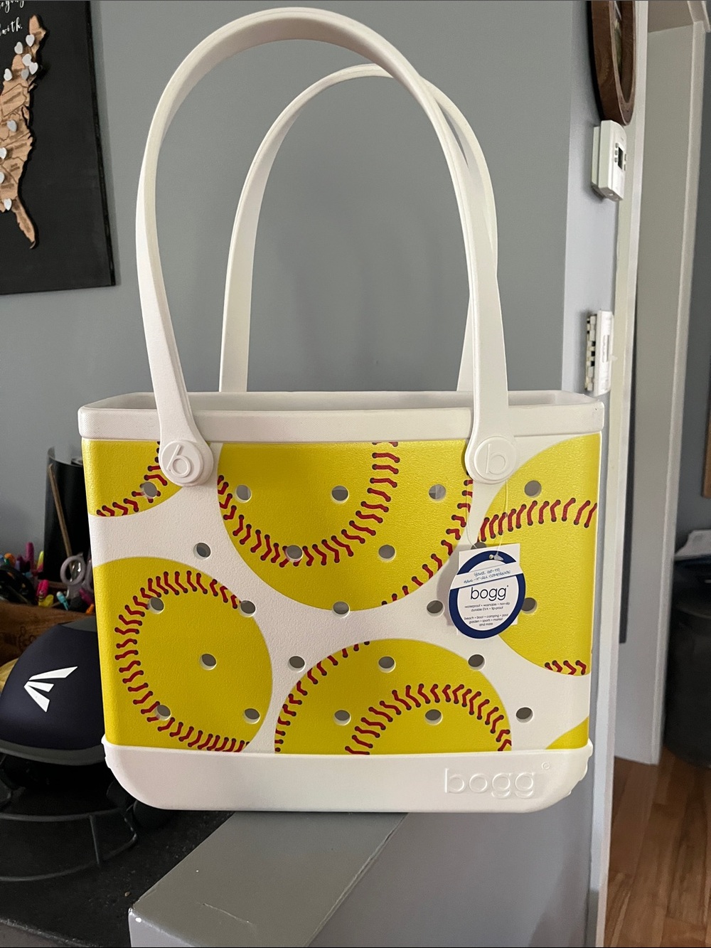 BOGG BAG White Tote with Yellow Softball Print